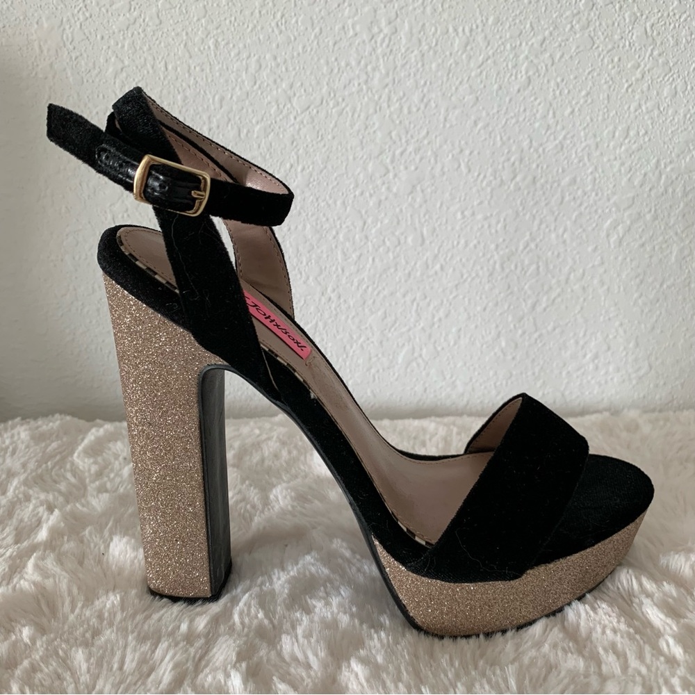Betsey Johnson Mattie Black Velvet and Gold Glitter Heels